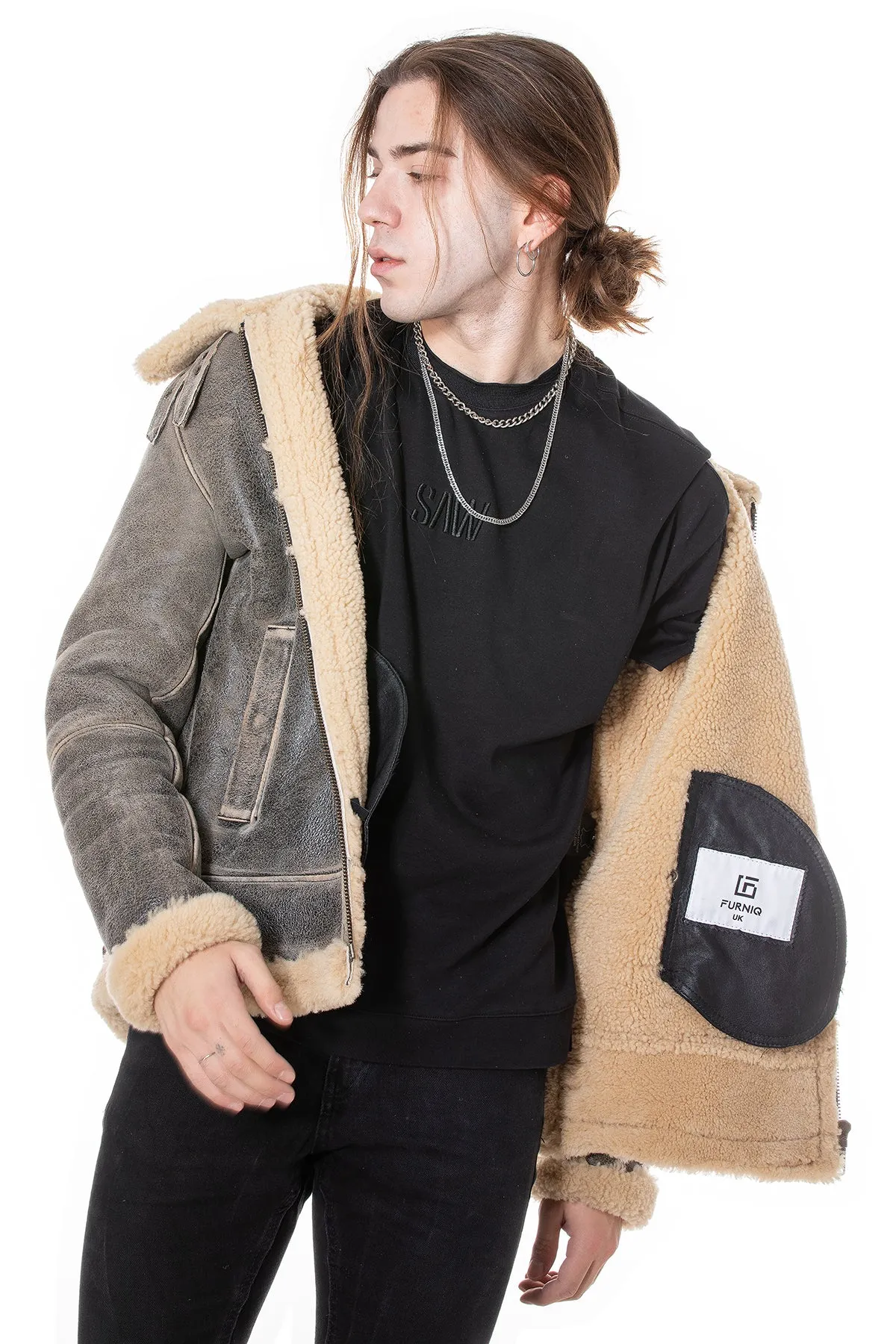 Men's Aviator Jacket, Distressed Grey with Beige Curly Wool