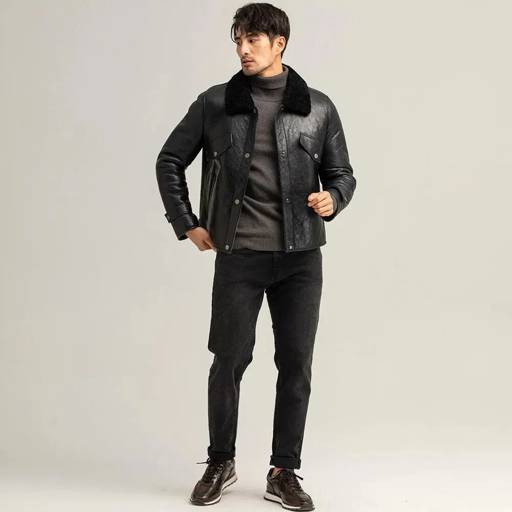 Men's Black Shearling Pilot Sheepskin Leather Jacket