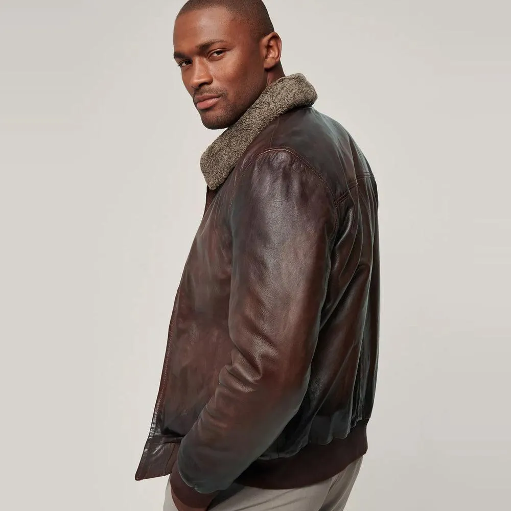 Men's Brown Waxed Sheepskin Aviator Bomber Jacket