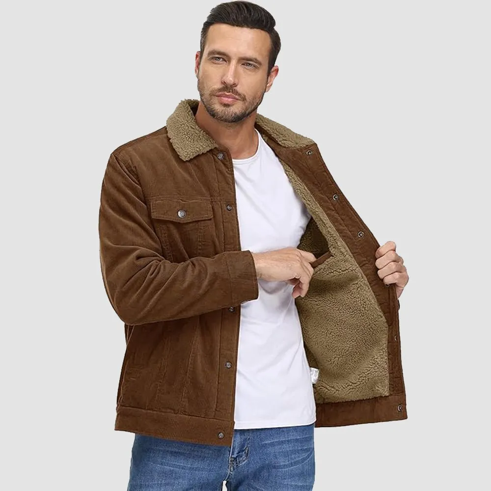 Men's Corduroy Sherpa Lined Jacket - Warm Winter Coat with 5 Pockets