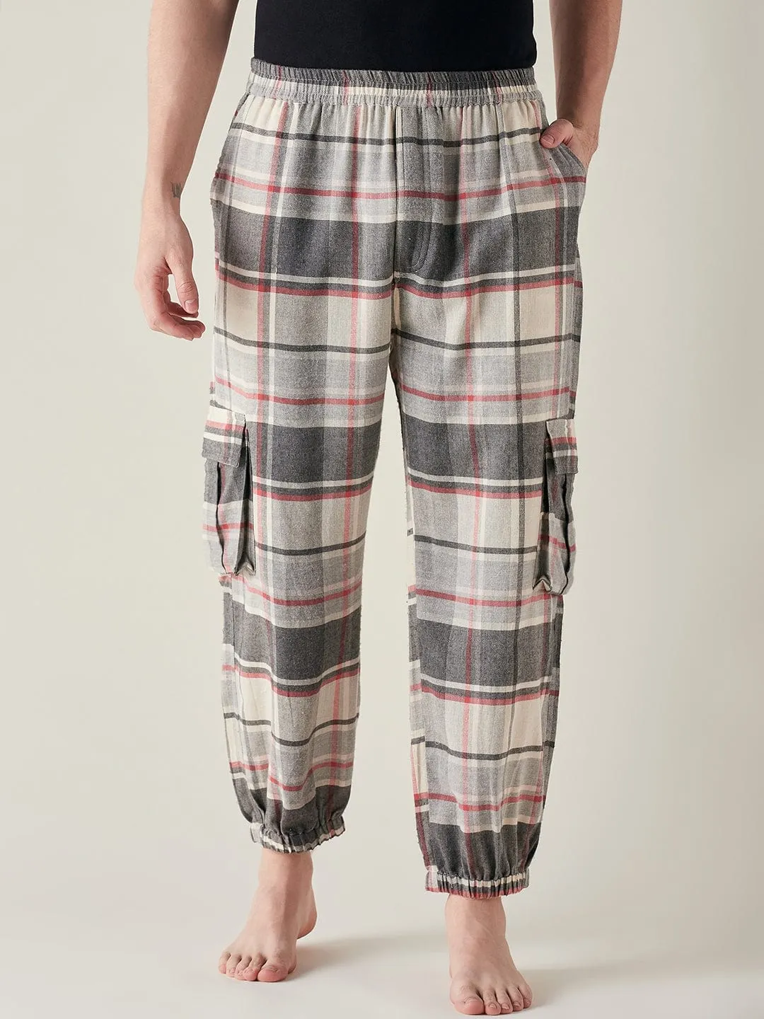 Mens Grey Brushed Cotton Plaid Joggers