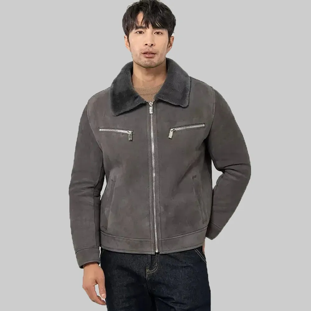 Men's Grey Shearling Jacket - Sheepskin Leather with Fur Lining