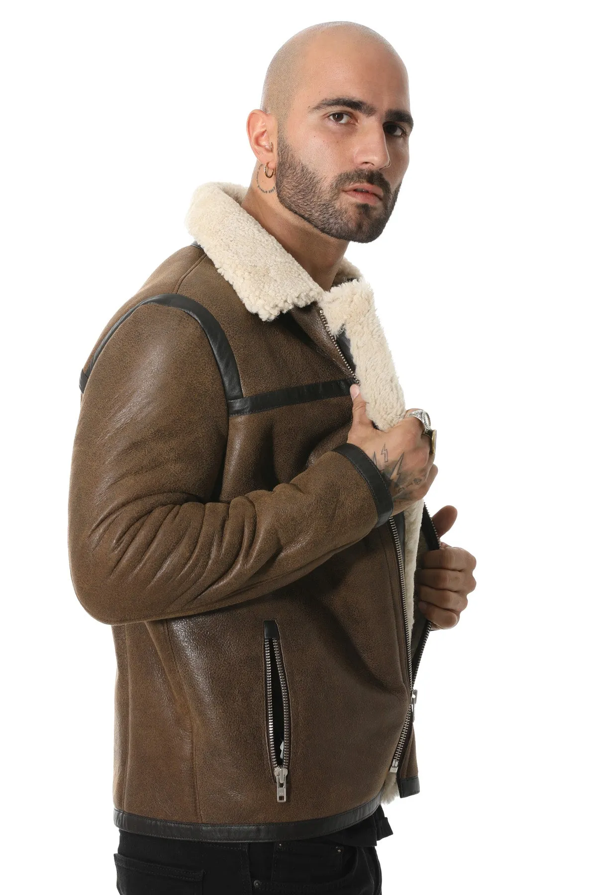 Men's Leather Banded Sheepskin Casual Jacket, Vintage Camel with Beige Curly Wool