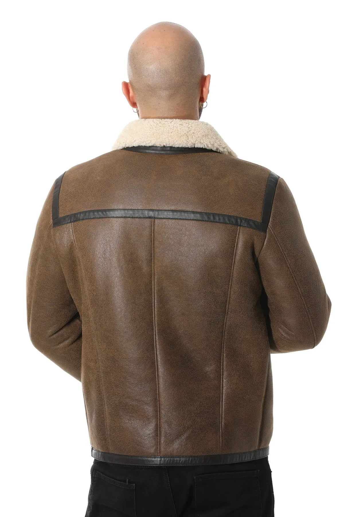 Men's Leather Banded Sheepskin Casual Jacket, Vintage Camel with Beige Curly Wool