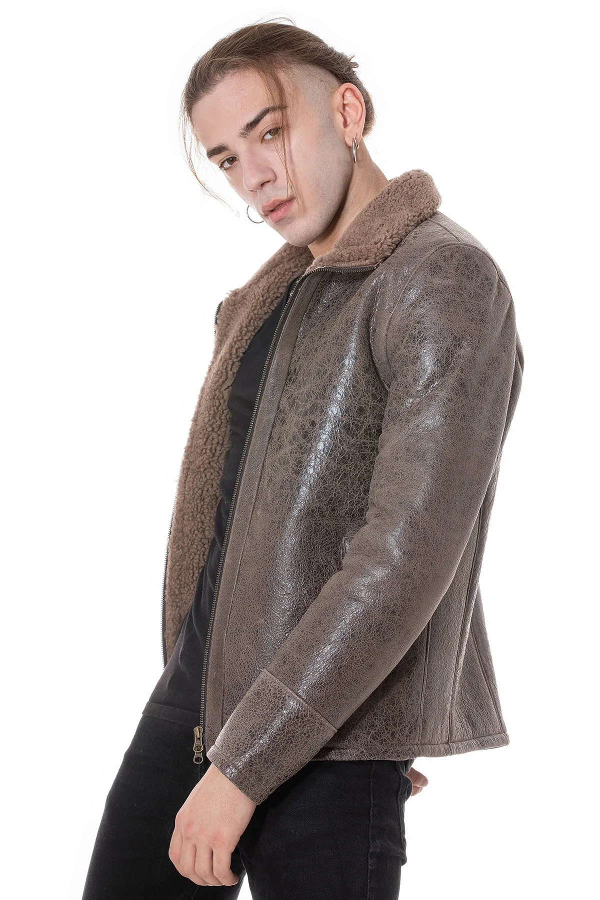 Men's Shearling Casual Jacket, Cracked Cashmere with Cashmere Curly Wool