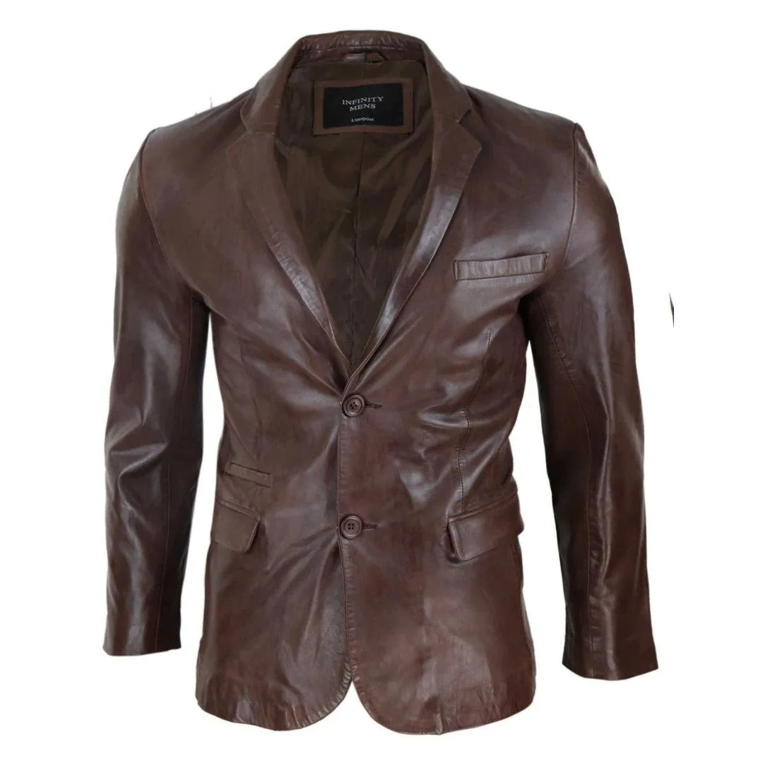 Mens Slim Fit Classic Genuine Leather 2 Button Blazer Jacket Vintage