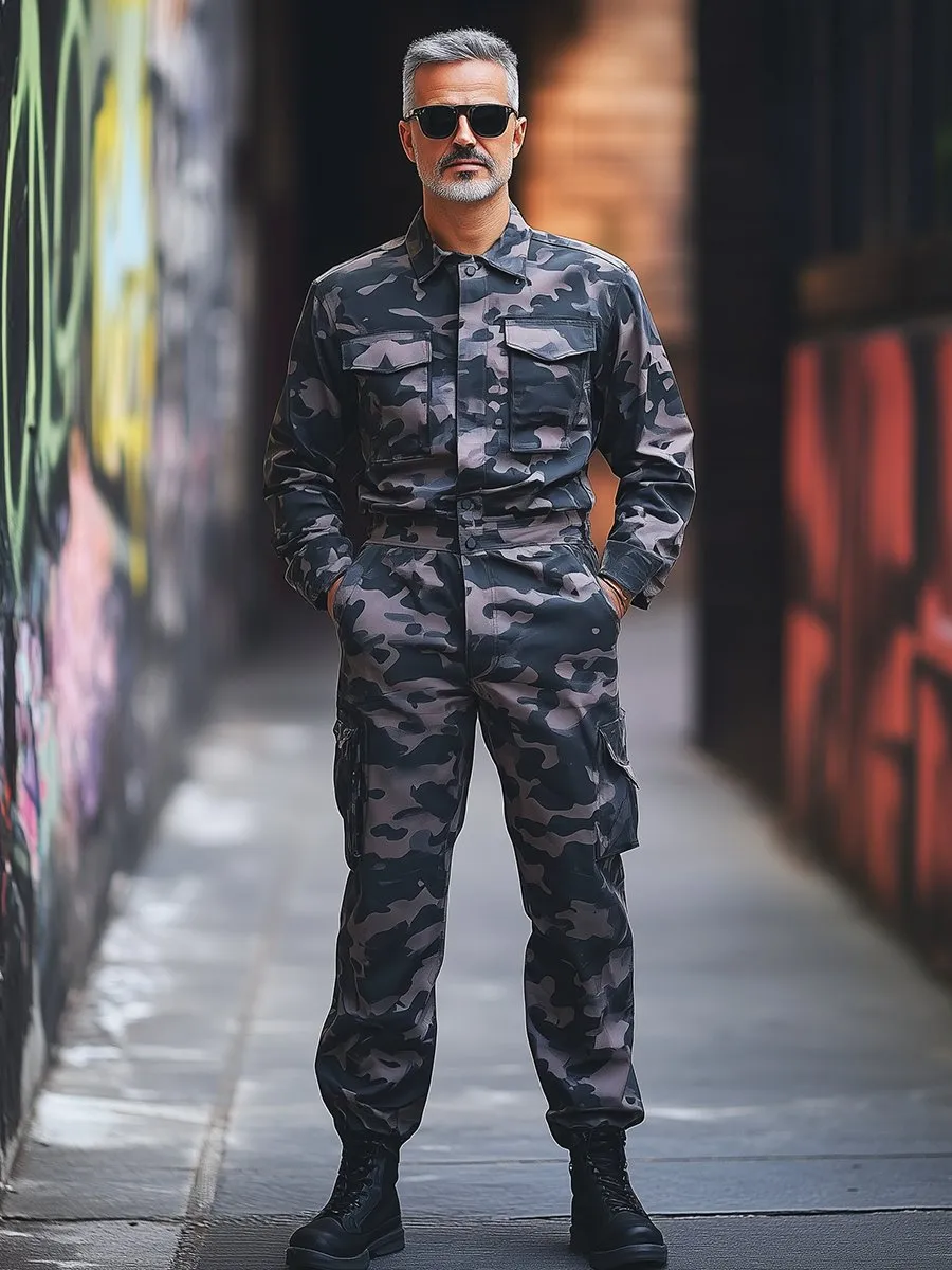 Mens Vintage Camouflage Long Sleeve Jumpsuit