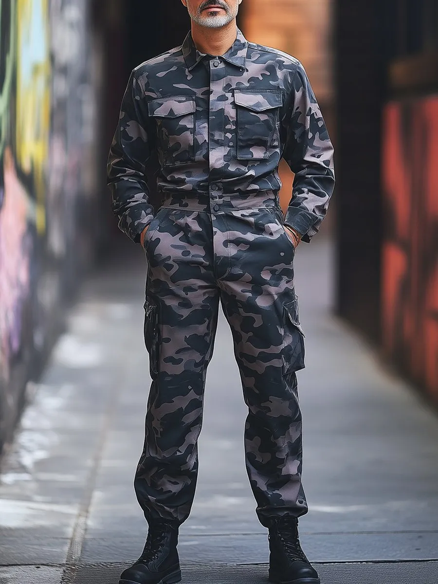 Mens Vintage Camouflage Long Sleeve Jumpsuit