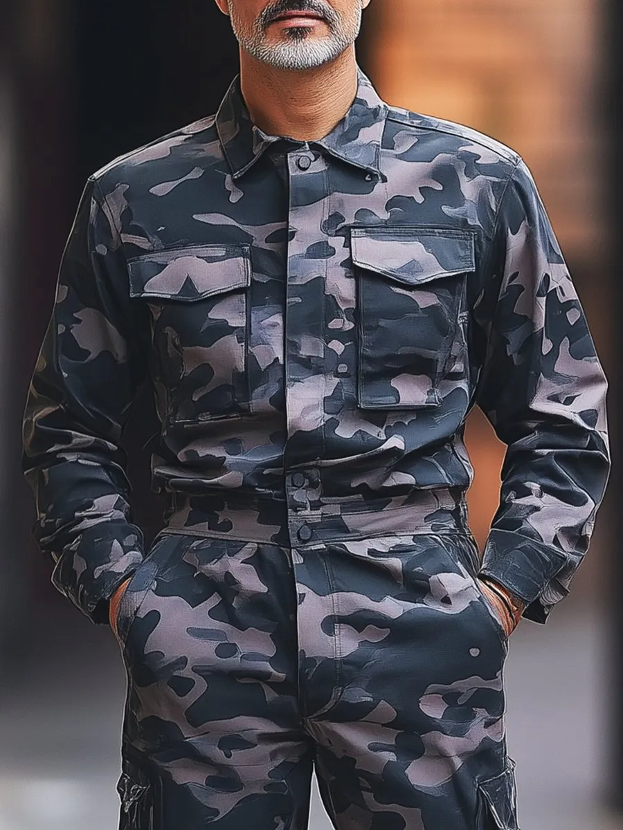 Mens Vintage Camouflage Long Sleeve Jumpsuit