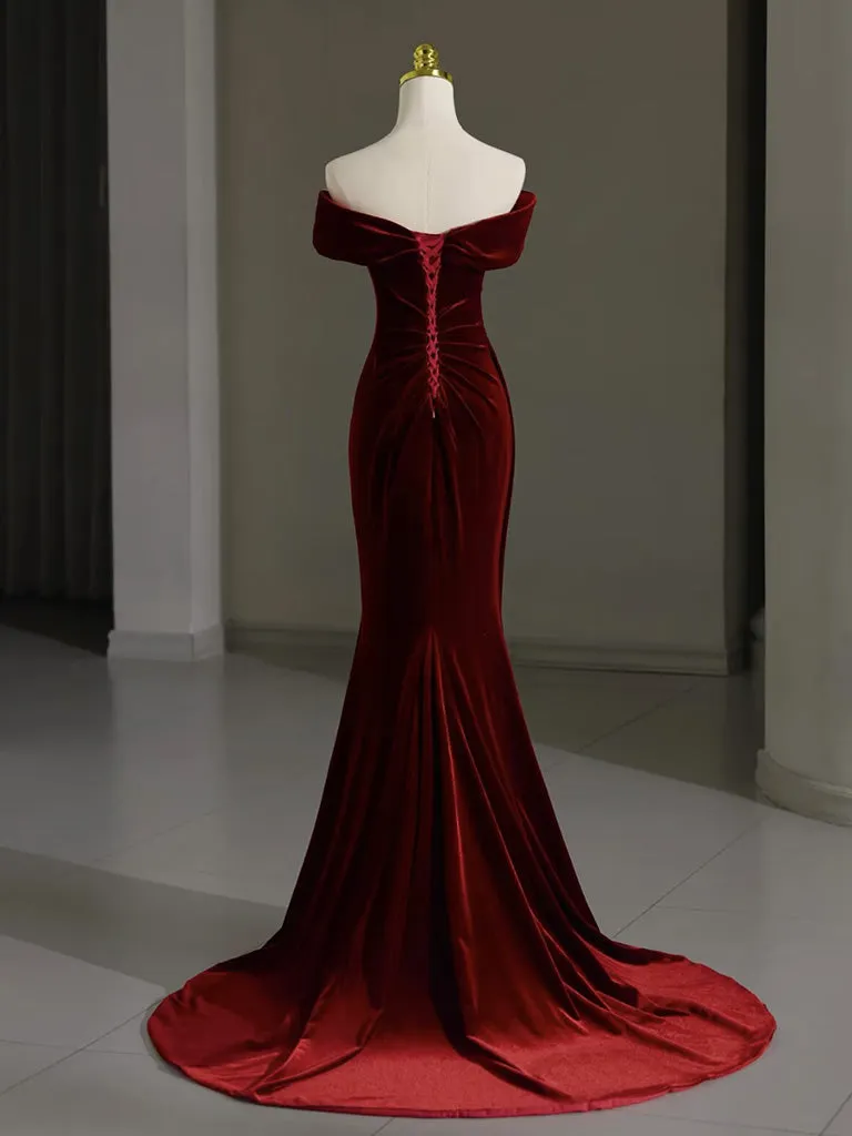 Mermaid Velvet Burgundy Long Prom Dress, Burgundy Long Evening Dress