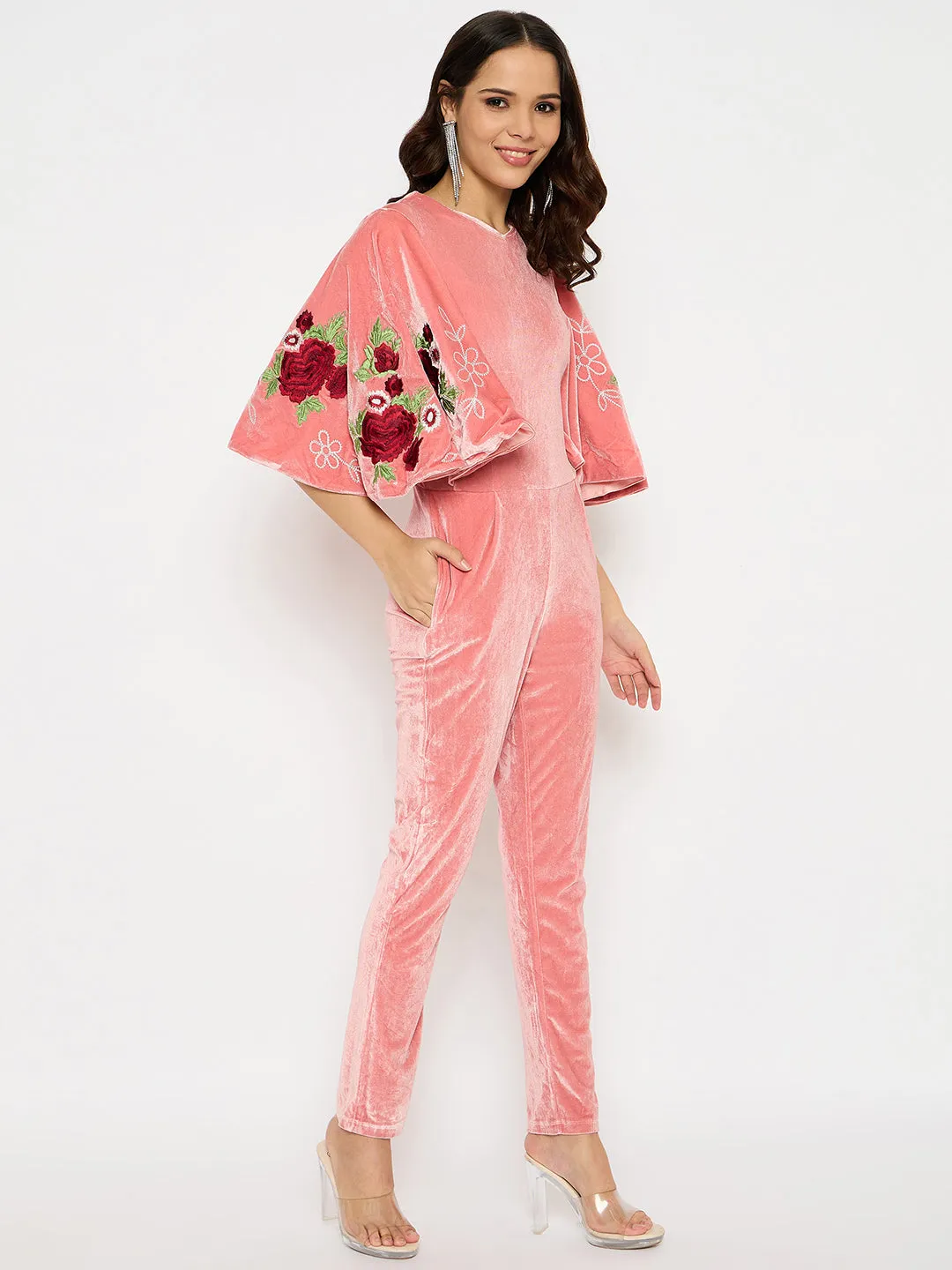 Moda Elementi Elegant Peach Velvet Embroidered Jumpsuit