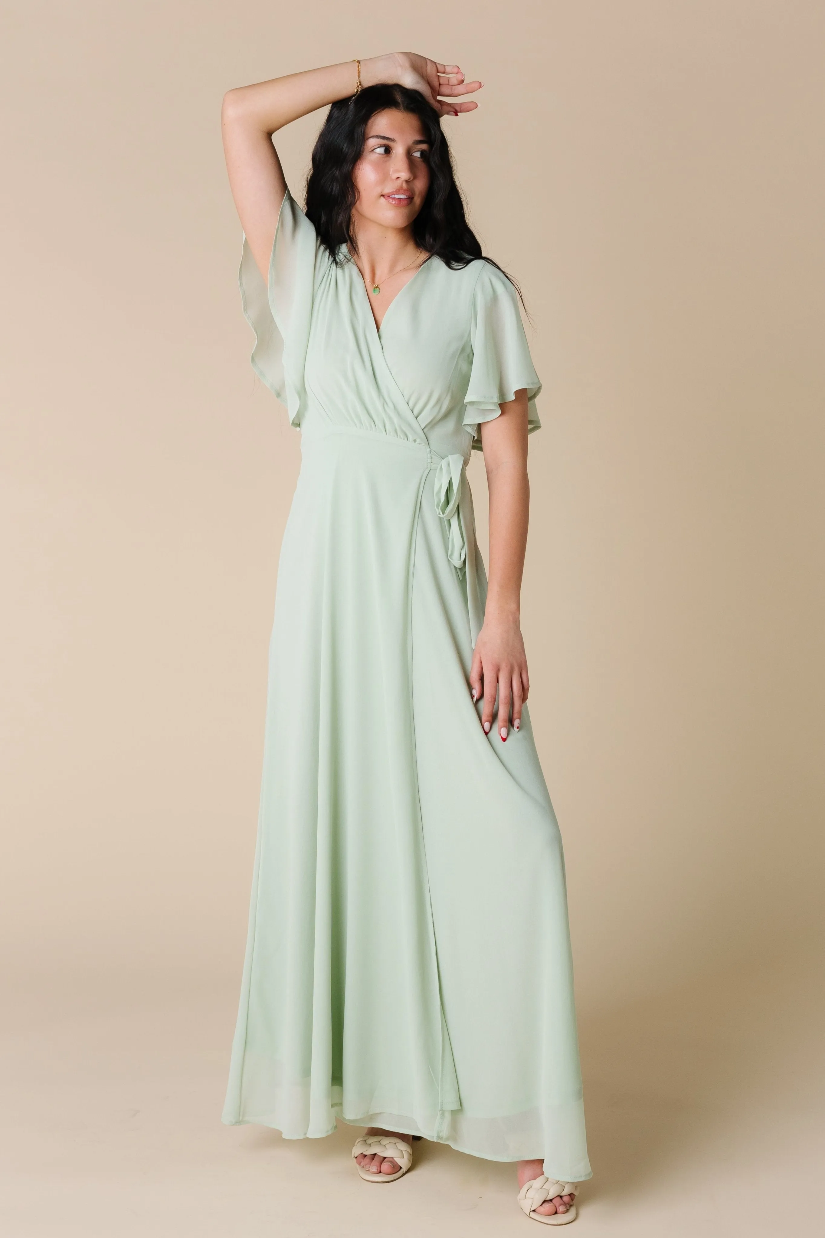 Naples Flutter Sleeve Wrap Dress - Lt Sage