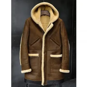 New Men's Retro Brown Hooded Shearling Sheepskin Long Coat