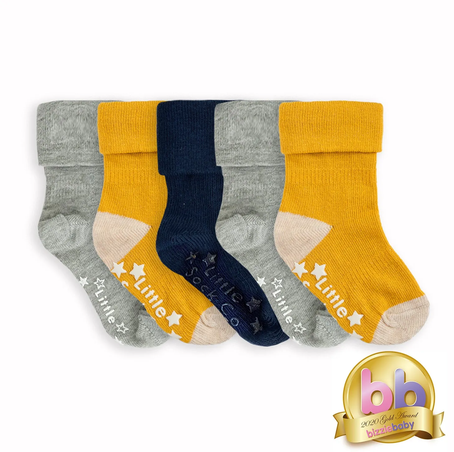 Non-Slip   Stay On Baby and Toddler Socks - 5 Pack in Navy, Mustard & Grey Marl