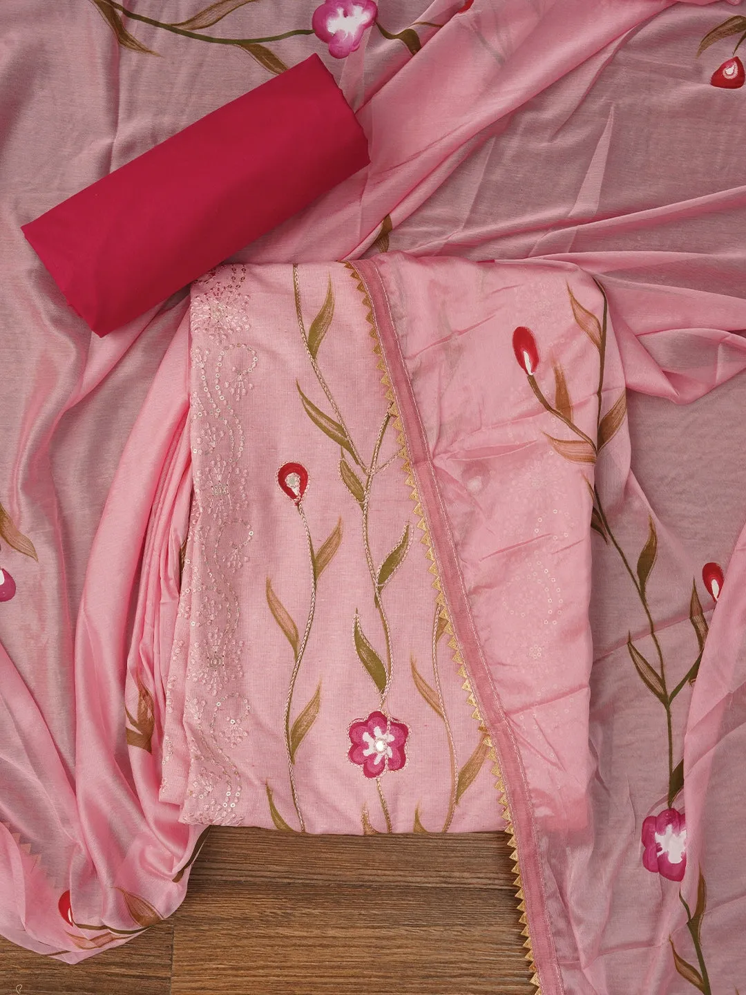 Pink Handpainted Embroidered Dress Material with Dupatta