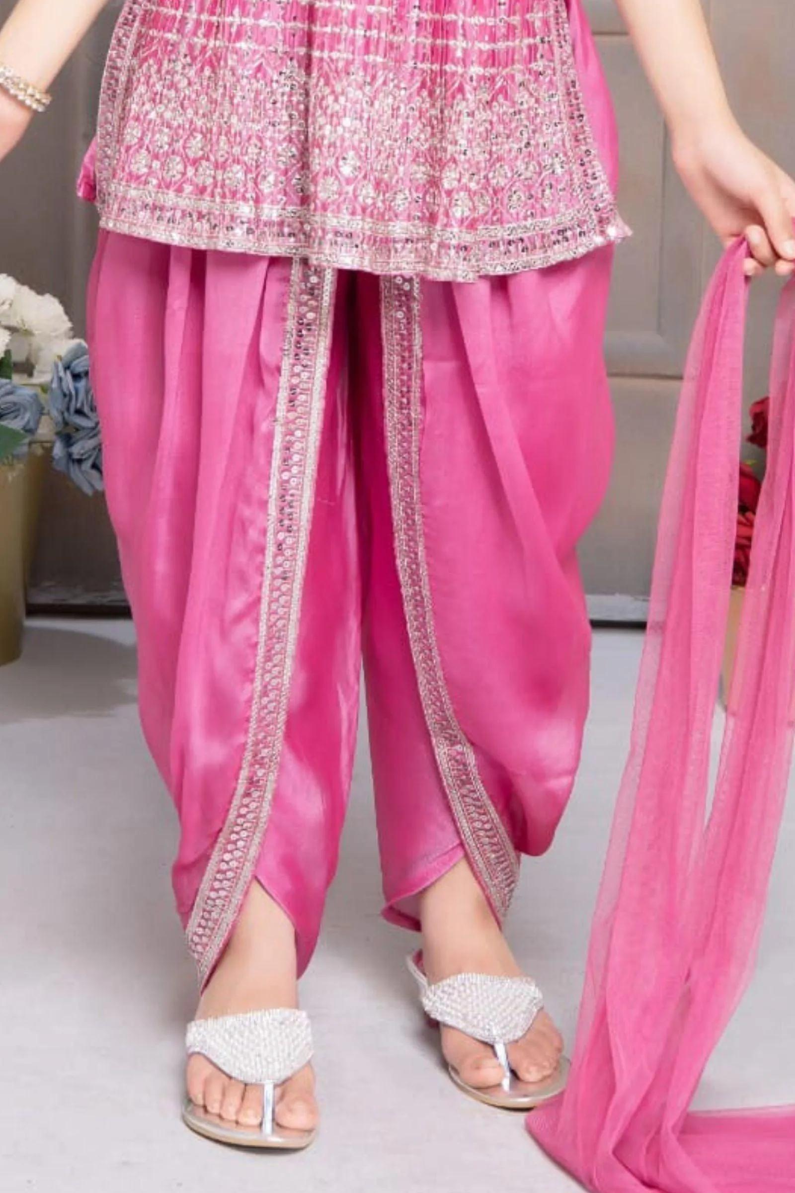 Pink Silver Zari and Sequins work Overcoat with Dhoti Style Peplum Kurti for Girls