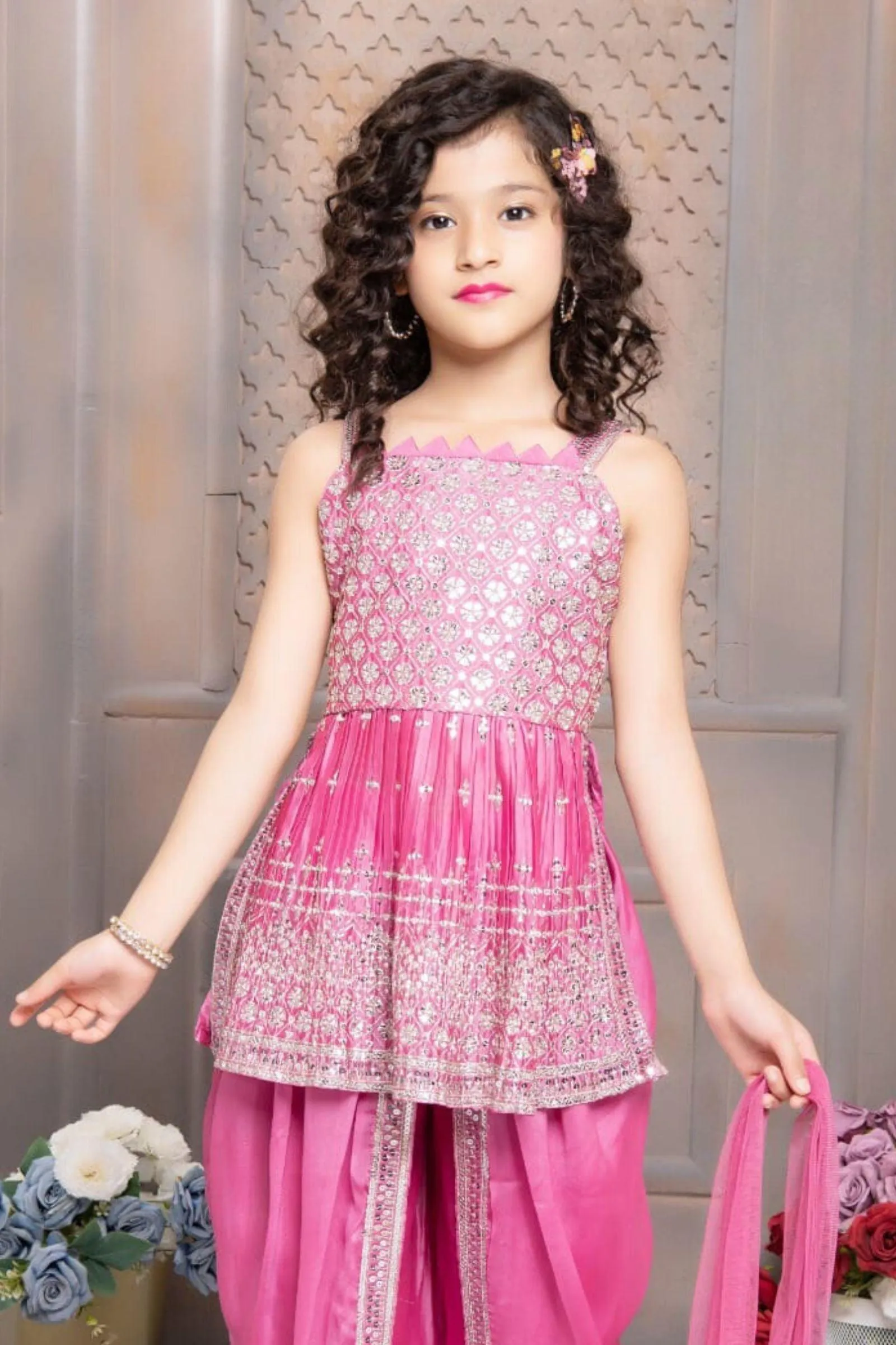 Pink Silver Zari and Sequins work Overcoat with Dhoti Style Peplum Kurti for Girls