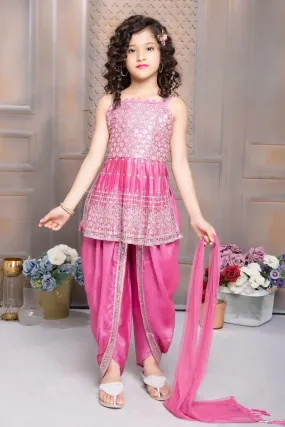 Pink Silver Zari and Sequins work Overcoat with Dhoti Style Peplum Kurti for Girls