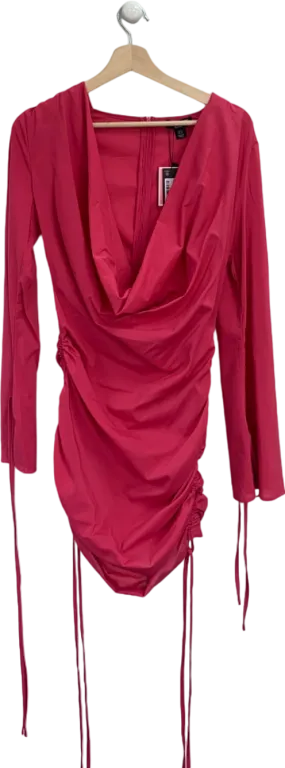 PLT Hot Pink Petite Long Sleeve Ruched Sleeve Cowl Neck Bodycon Dress UK 8