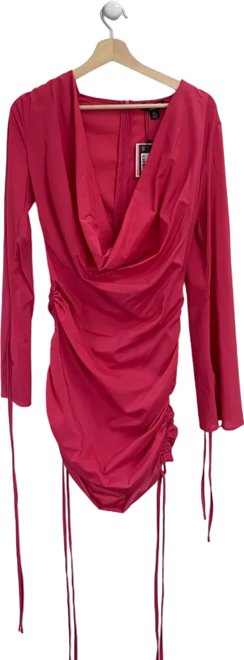 PLT Hot Pink Petite Long Sleeve Ruched Sleeve Cowl Neck Bodycon Dress UK 8