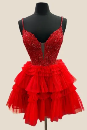 Plunge V-neck Red Appliques Ruffle Short Dress