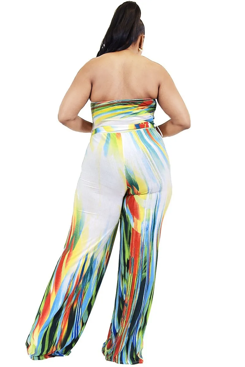 Plus Off Shoulder Color Brushed Tie Waist Jumpsuit