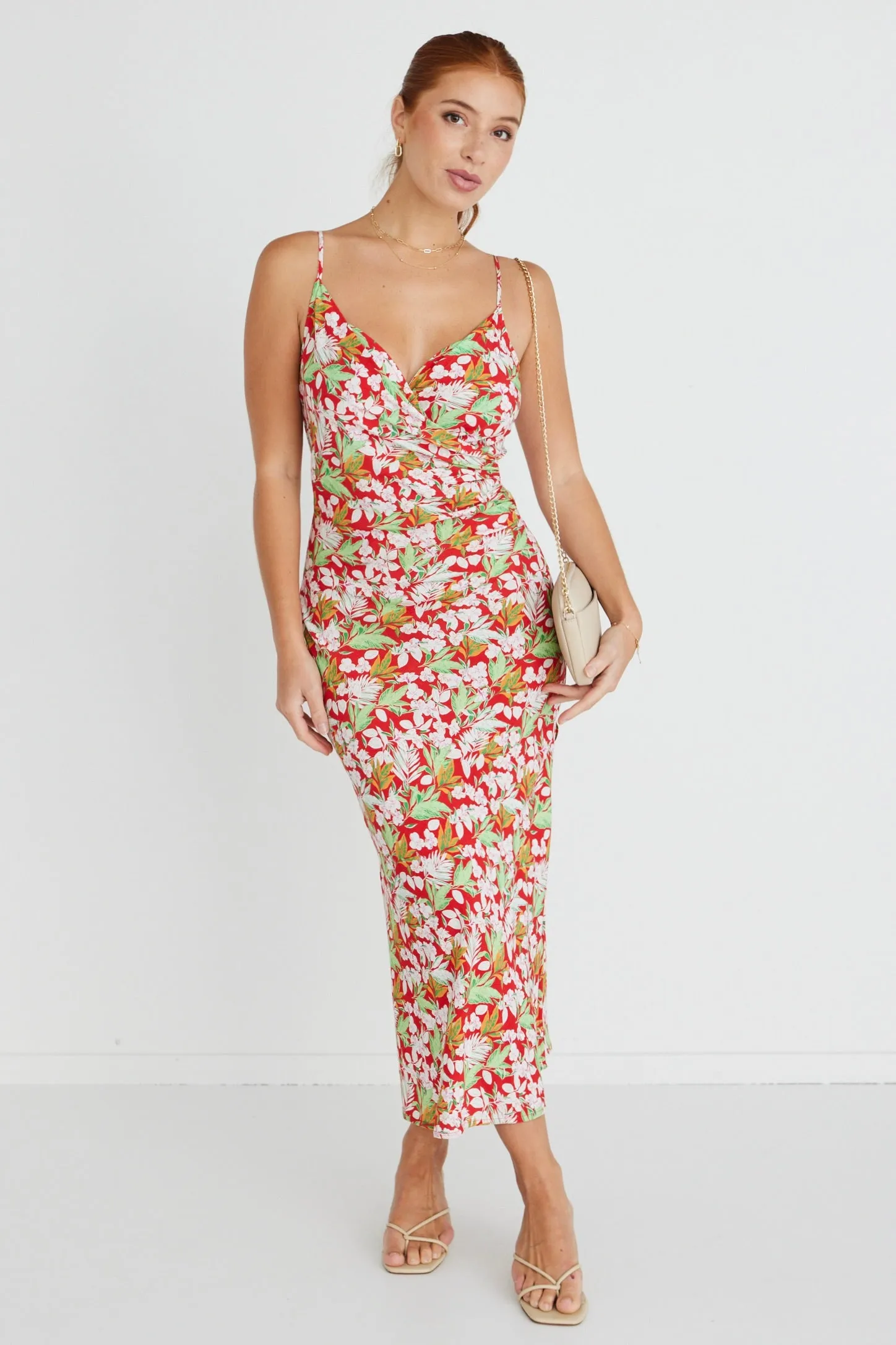 Rapture Red Tropical Strappy Mock Wrap Midi Dress