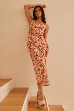 Rapture Red Tropical Strappy Mock Wrap Midi Dress