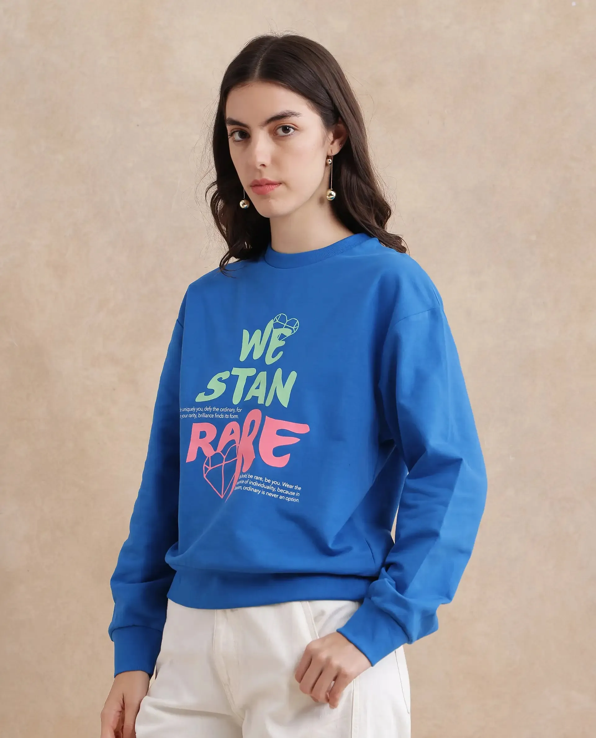 Rareism Women Fuzer Blue Cotton Blend Fabric Full Sleeve Crew Neck Relaxed Fit Graphic Print Sweatshirt