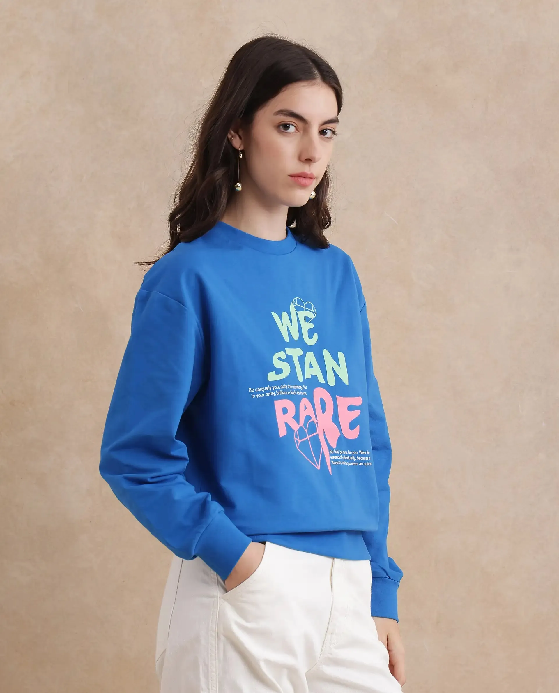 Rareism Women Fuzer Blue Cotton Blend Fabric Full Sleeve Crew Neck Relaxed Fit Graphic Print Sweatshirt