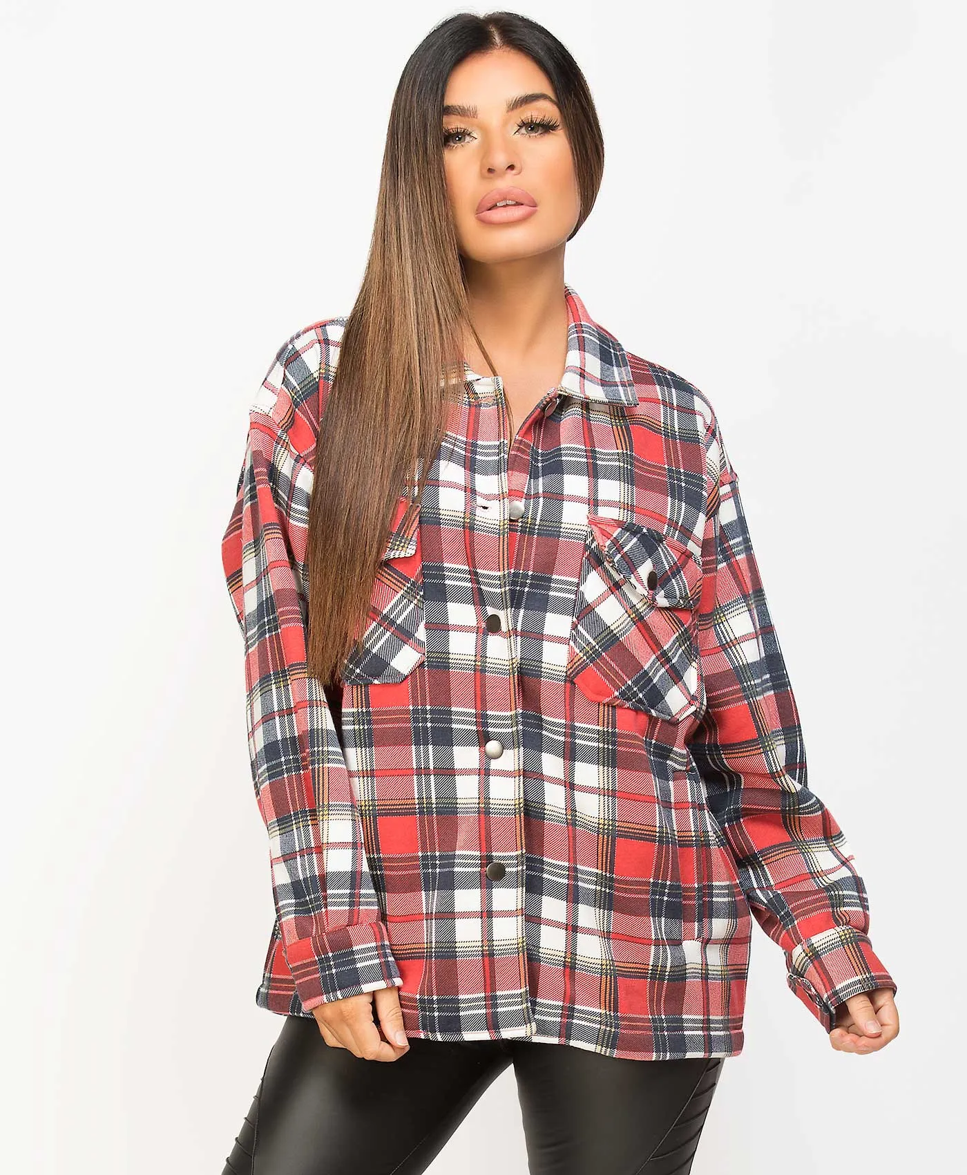 Red Multi Fleece Oversized Check Shirt Shacket