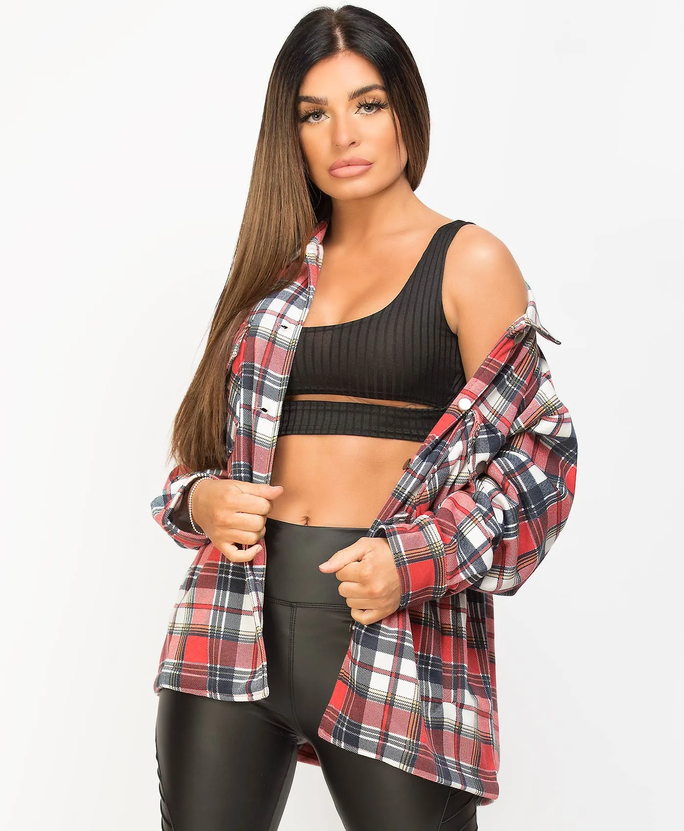 Red Multi Fleece Oversized Check Shirt Shacket