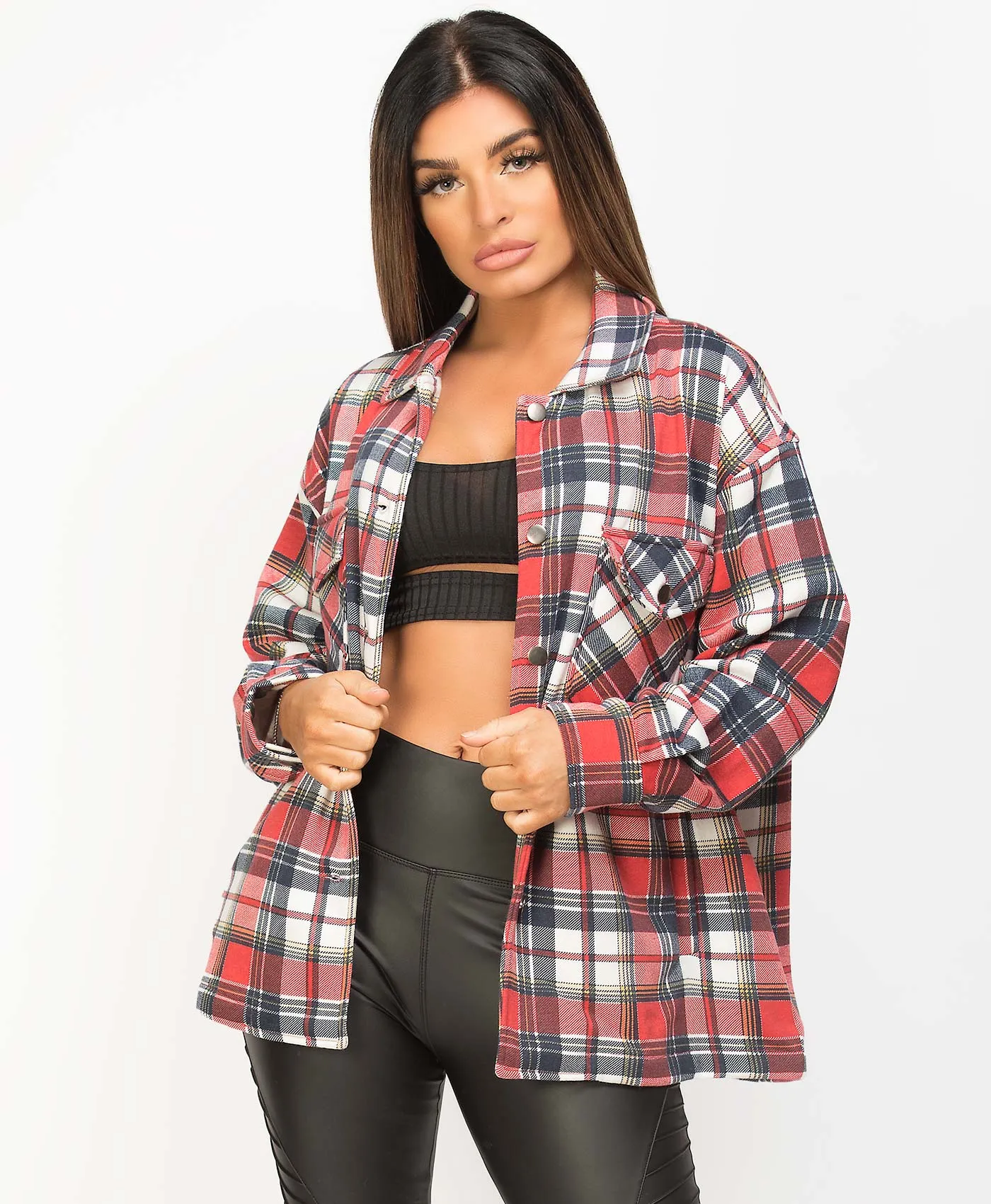 Red Multi Fleece Oversized Check Shirt Shacket