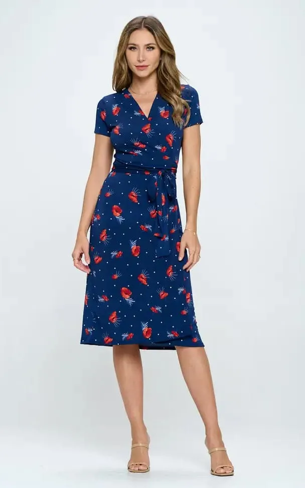 Renee C- Floral Print V Neck Wrap Dress with Tie