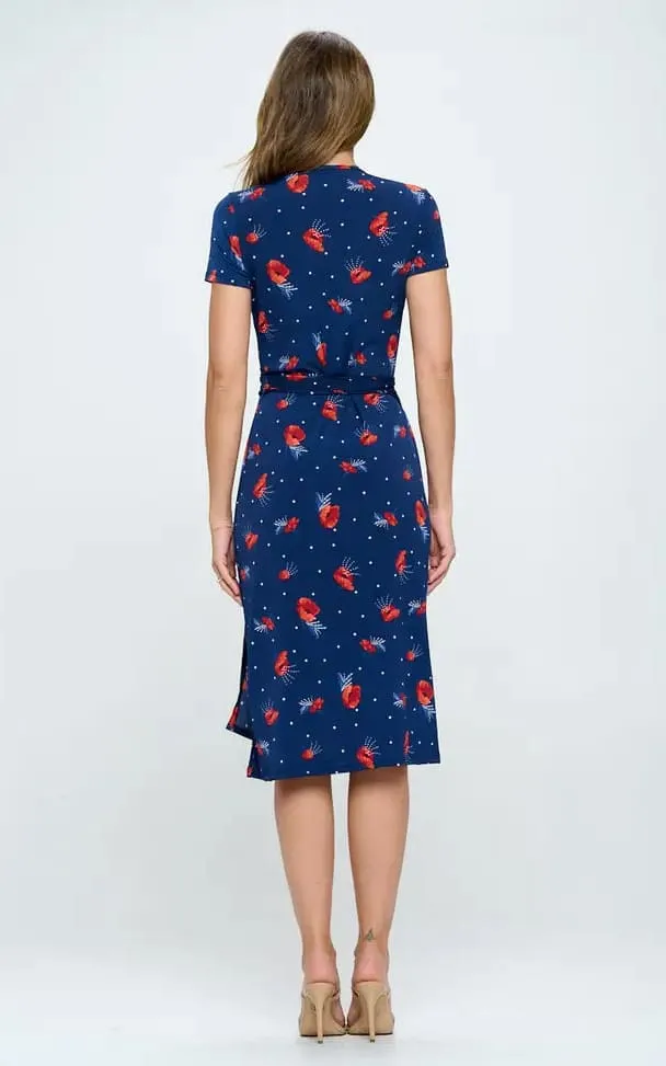 Renee C- Floral Print V Neck Wrap Dress with Tie