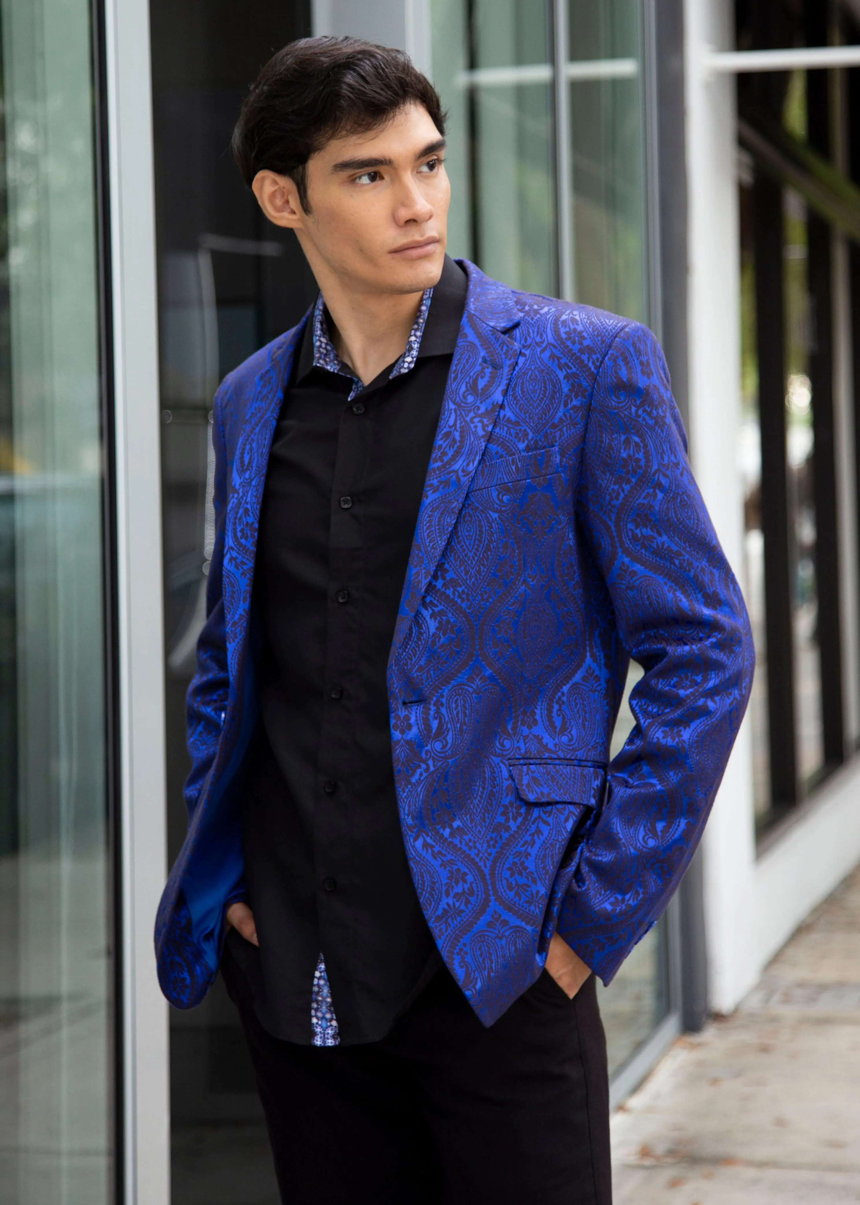 Royal Blue Pattern Satin Effect Evening Blazer