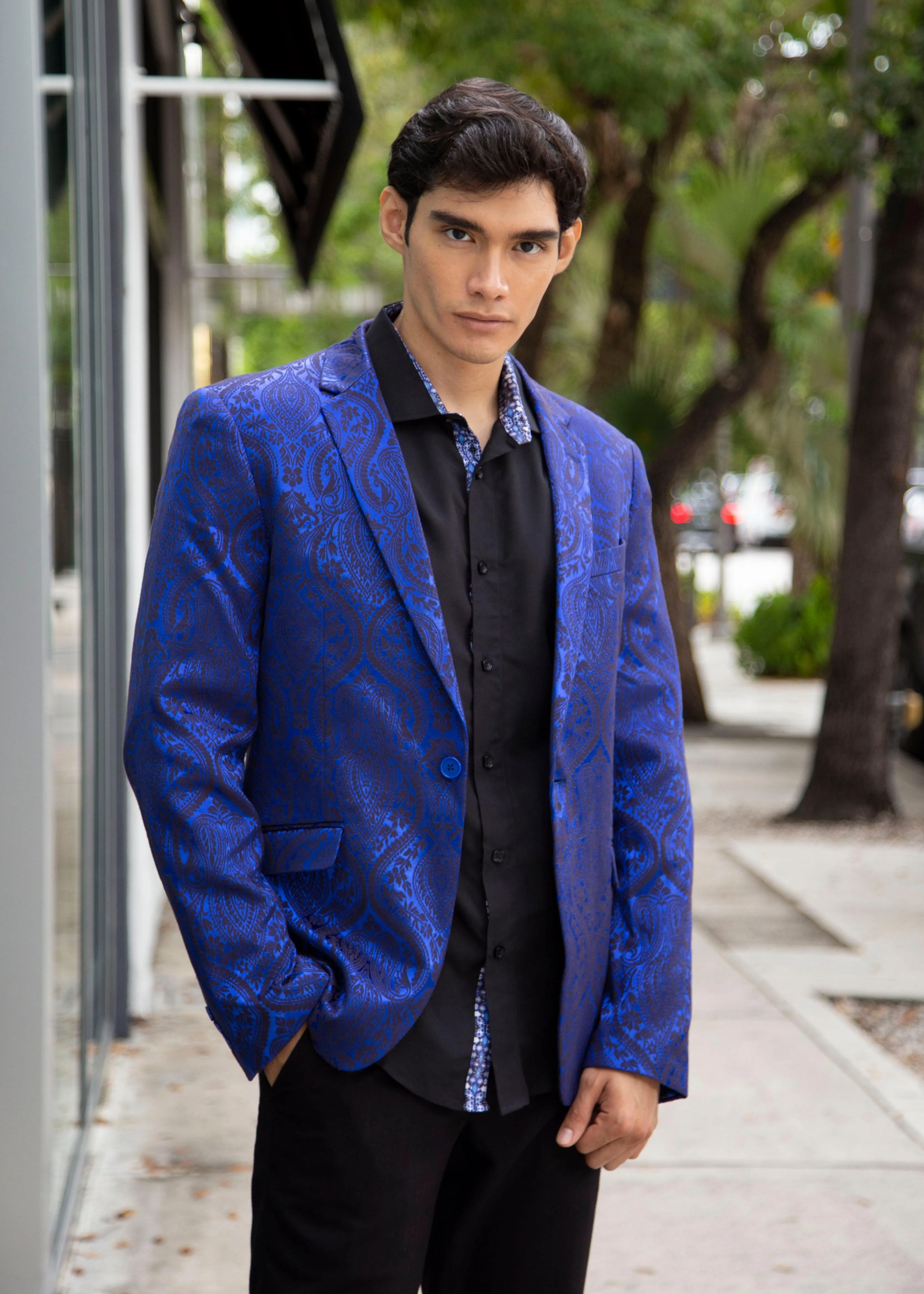 Royal Blue Pattern Satin Effect Evening Blazer