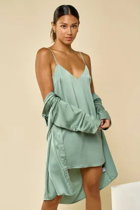 Sage Satin Slip on Dress and Shirt Set