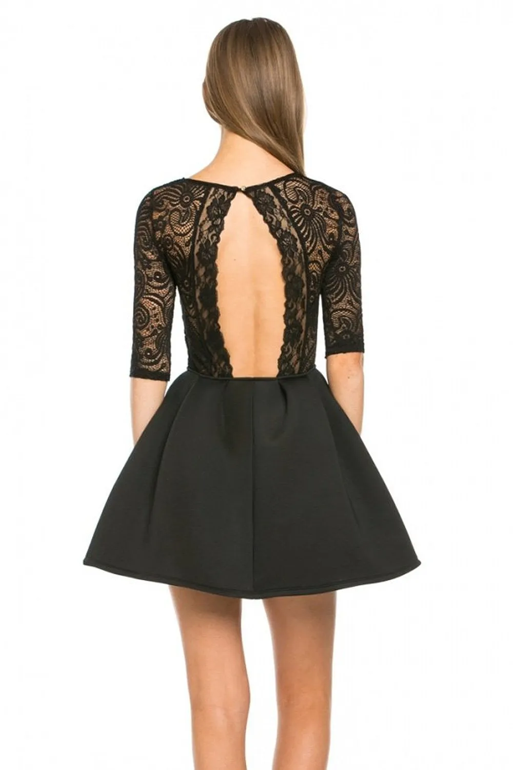 Sexy Black Floral Lace Quarter Sleeve Open Back Skater Cocktail Dress