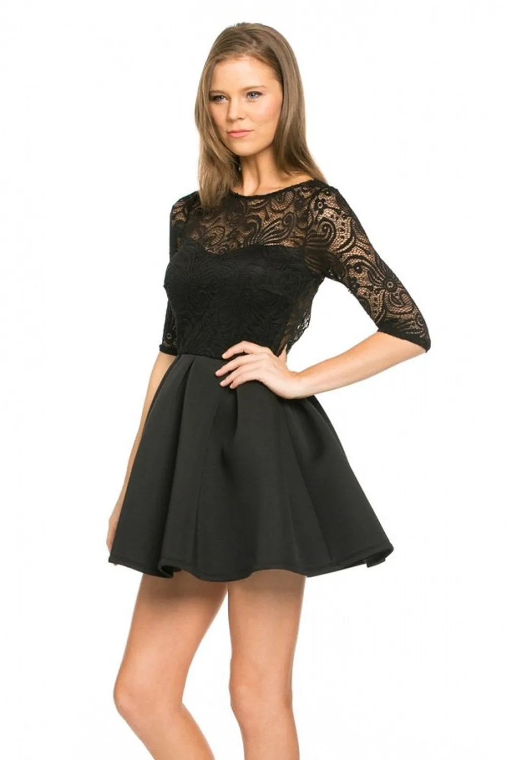 Sexy Black Floral Lace Quarter Sleeve Open Back Skater Cocktail Dress