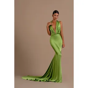 Sexy Halter Low V Neck Ruched Satin Mermaid Long Evening Dress