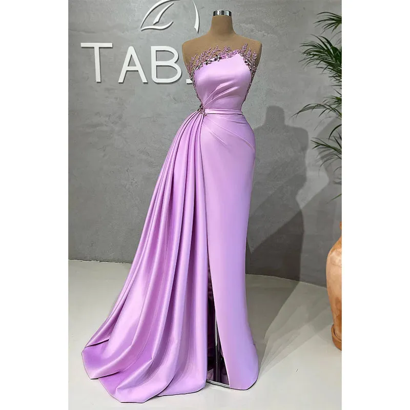 Sheath/column Appliques High Split Long Formal Evening Dress