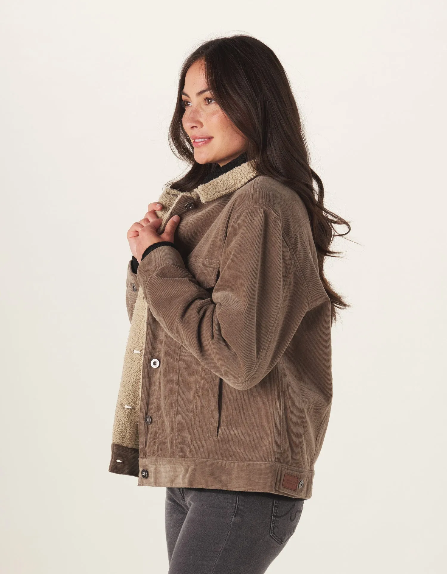 Sherpa Collar Cord Trucker in Taupe