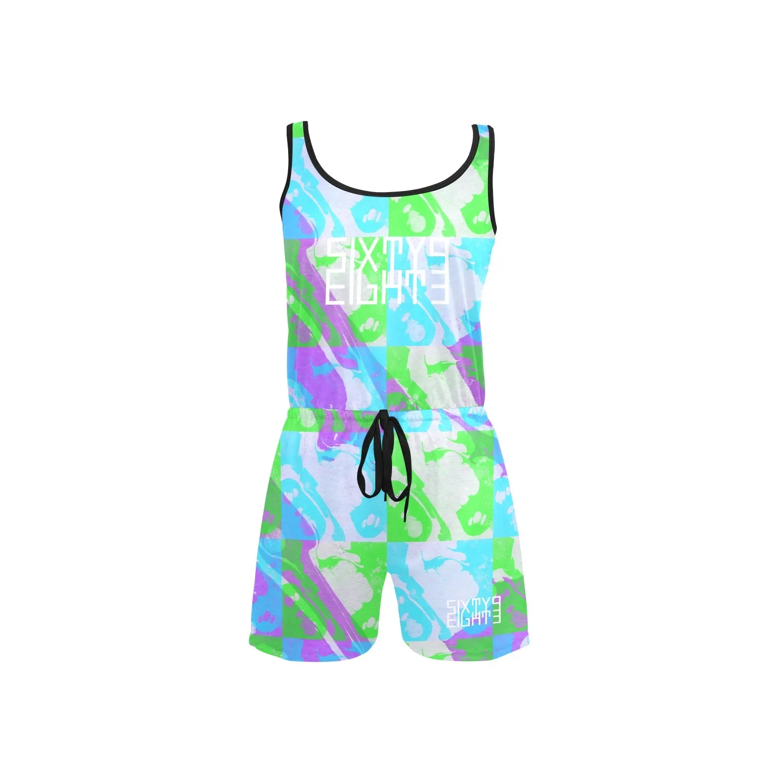 Sixty Eight 93 Logo White Marble #3 Women's Sleeveless Short Jumpsuit