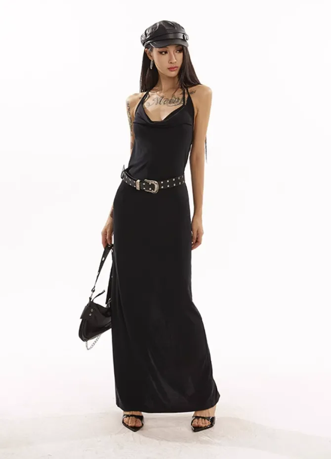 Sleeveless Cowl Neck Midi Dress with Side Slit