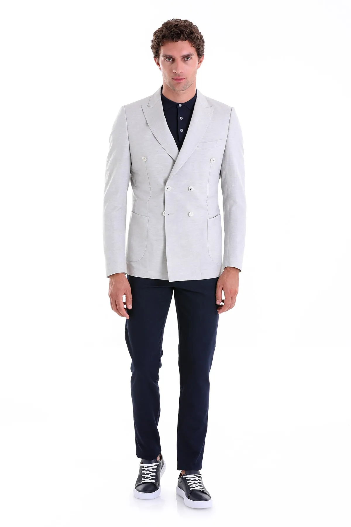 Slim Fit Double Breasted Gray Linen Casual Blazer