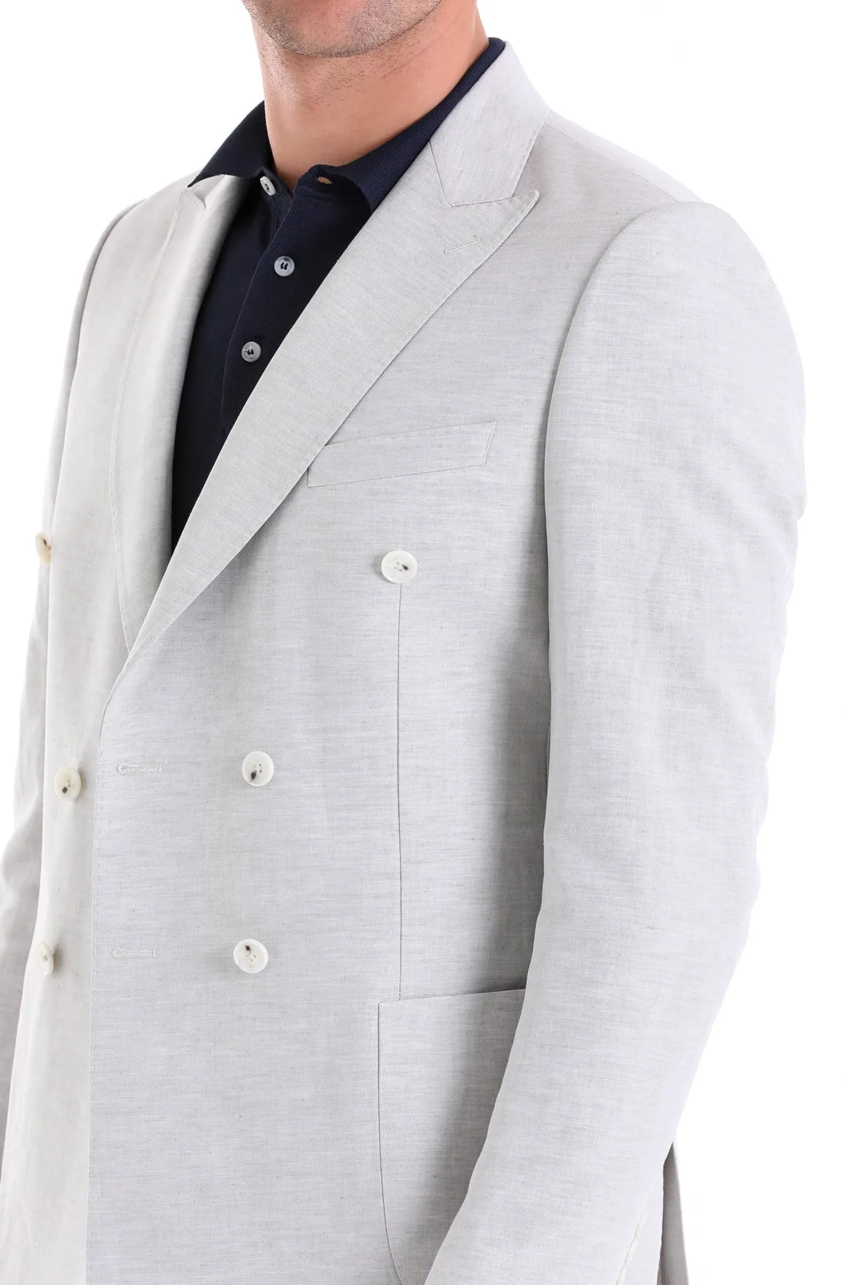 Slim Fit Double Breasted Gray Linen Casual Blazer