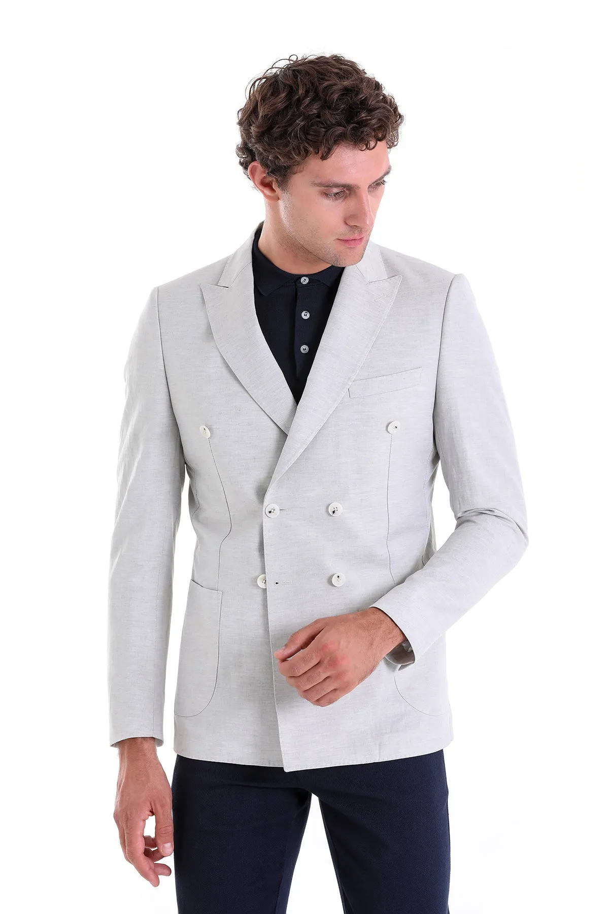 Slim Fit Double Breasted Gray Linen Casual Blazer