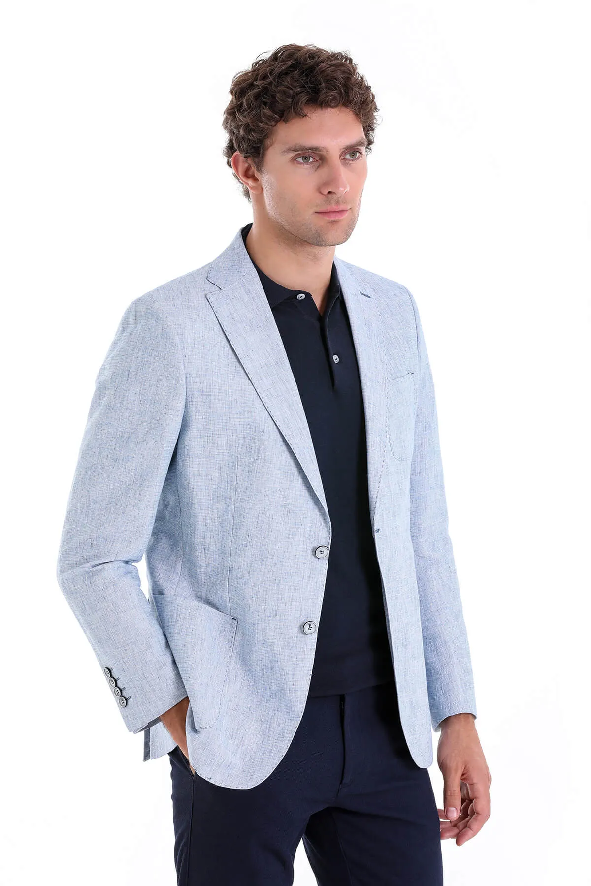 Slim Fit Notch Lapel Ice Blue Linen Casual Blazer