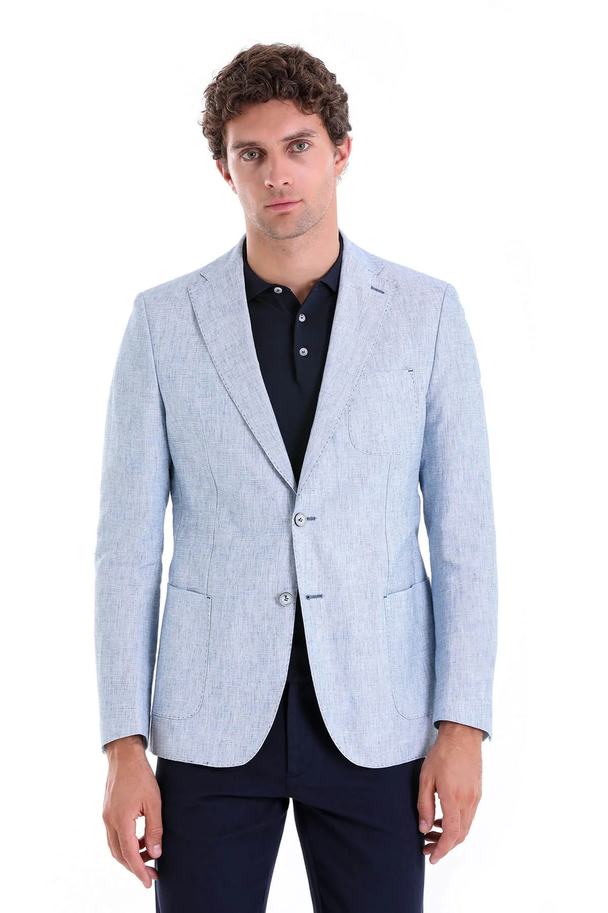 Slim Fit Notch Lapel Ice Blue Linen Casual Blazer